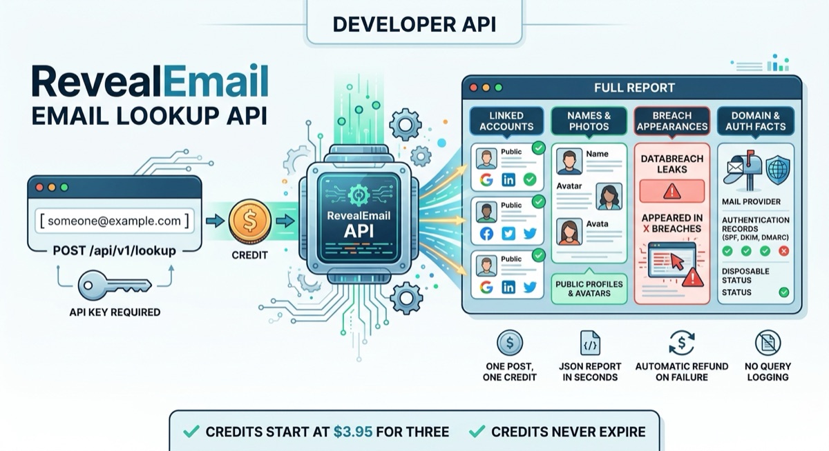 An address posted to the RevealEmail API returning a full report: linked accounts, names and photos, breach appearances, and domain and authentication facts