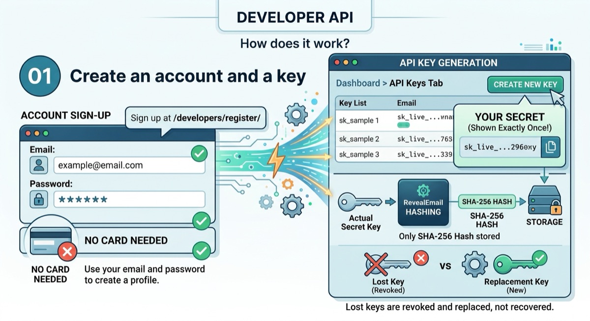 Signing up with an email and password, no card needed, then generating a key whose secret is shown once while only its SHA-256 hash is stored