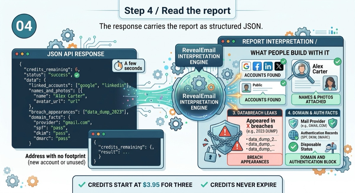 The JSON report: linked accounts, names and photos, breach appearances, and the domain block with mail provider and SPF, DKIM and DMARC results