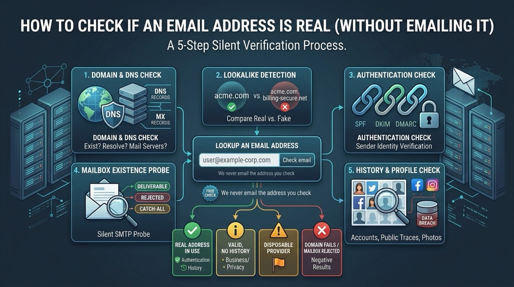 Five silent checks on an email address: domain and DNS, lookalike detection, SPF DKIM DMARC authentication, mailbox probe and account history