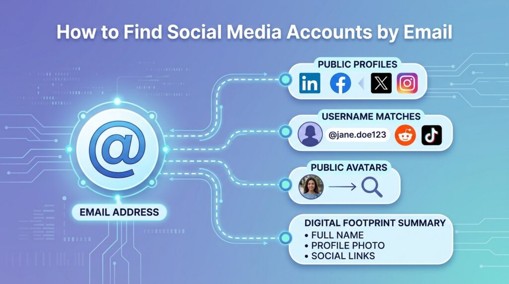 How to find social media accounts by email: public profiles, username matches, public avatars, and a digital footprint summary linked to one email address