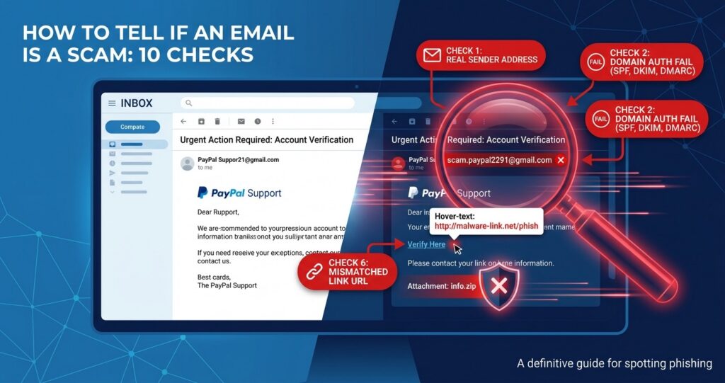 How to tell if an email is a scam: a phishing email checked for a fake sender address, failed SPF, DKIM, and DMARC, and a mismatched link